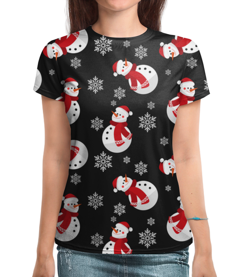 Заказать женскую футболку в Москве. Футболка с полной запечаткой (женская) Снеговик от THE_NISE  - готовые дизайны и нанесение принтов.