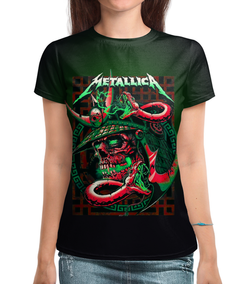 Заказать женскую футболку в Москве. Футболка с полной запечаткой (женская) Metallica   от ПРИНТЫ ПЕЧАТЬ  - готовые дизайны и нанесение принтов.