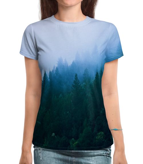 Заказать женскую футболку в Москве. Футболка с полной запечаткой (женская) Лесной пейзаж от THE_NISE  - готовые дизайны и нанесение принтов.