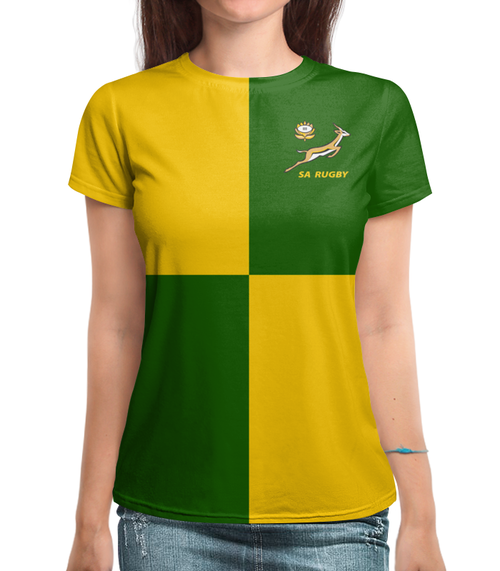 Заказать женскую футболку в Москве. Футболка с полной запечаткой (женская) ЮАР регби от rugby - готовые дизайны и нанесение принтов.