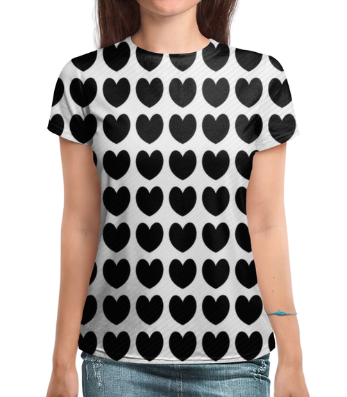 Заказать женскую футболку в Москве. Футболка с полной запечаткой (женская) Черные сердечки от THE_NISE  - готовые дизайны и нанесение принтов.