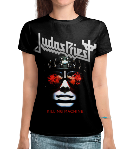 Заказать женскую футболку в Москве. Футболка с полной запечаткой (женская) Judas Priest, музыка, рок, группы, метал,  от geekbox - готовые дизайны и нанесение принтов.