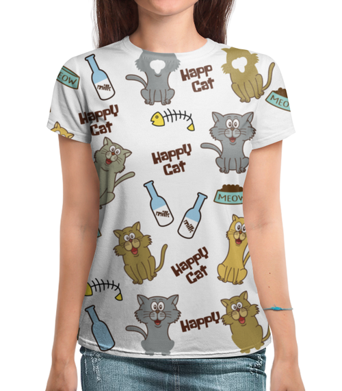 Заказать женскую футболку в Москве. Футболка с полной запечаткой (женская) Счастливые коты от Amerikanka - готовые дизайны и нанесение принтов.