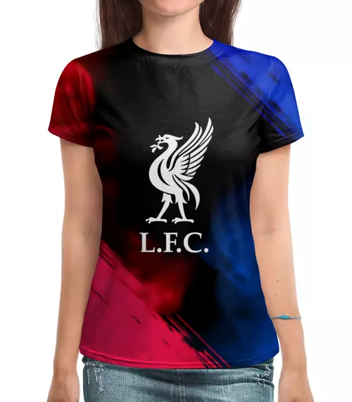 Заказать женскую футболку в Москве. Футболка с полной запечаткой (женская) Liverpool smoke gradient от DeFive  - готовые дизайны и нанесение принтов.