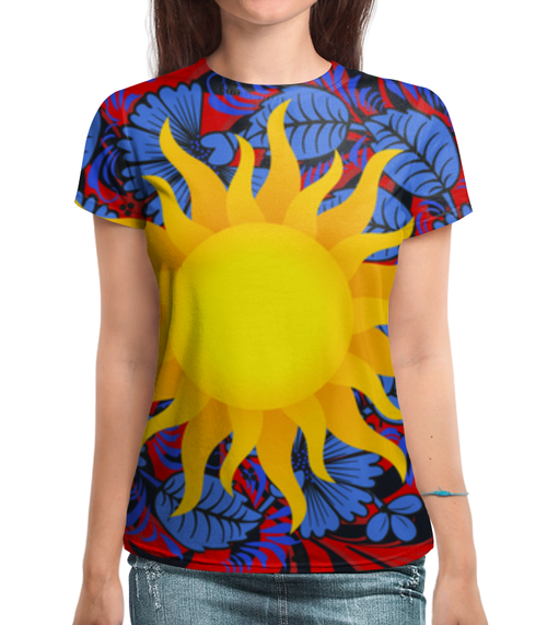 Заказать женскую футболку в Москве. Футболка с полной запечаткой (женская) Солнце от THE_NISE  - готовые дизайны и нанесение принтов.