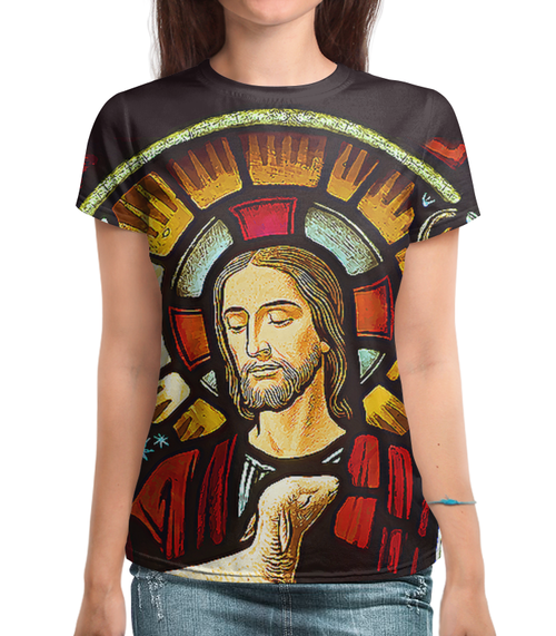 Заказать женскую футболку в Москве. Футболка с полной запечаткой (женская) Иисус Христос  от ПРИНТЫ ПЕЧАТЬ  - готовые дизайны и нанесение принтов.