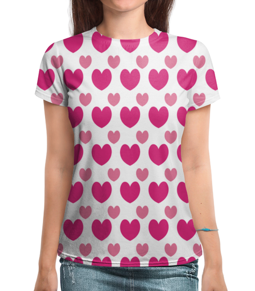 Заказать женскую футболку в Москве. Футболка с полной запечаткой (женская) Розовые сердечки от THE_NISE  - готовые дизайны и нанесение принтов.