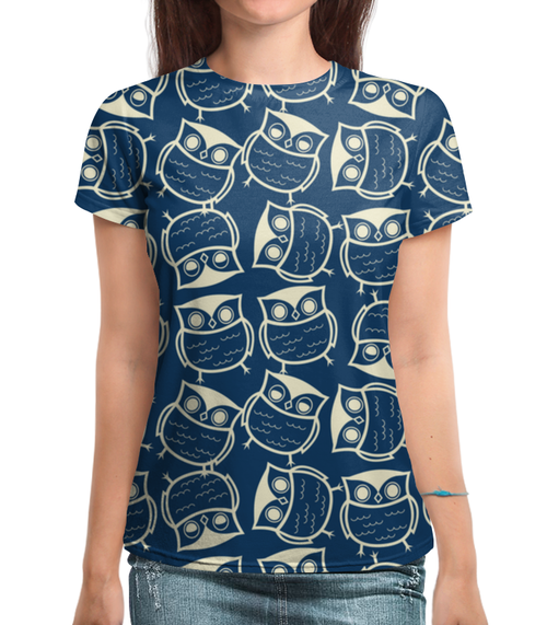 Заказать женскую футболку в Москве. Футболка с полной запечаткой (женская) Я люблю сов от Just kidding - готовые дизайны и нанесение принтов.