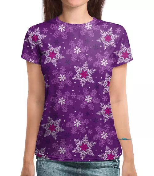 Заказать женскую футболку в Москве. Футболка с полной запечаткой (женская) Фиолетовый праздник от skynatural - готовые дизайны и нанесение принтов.