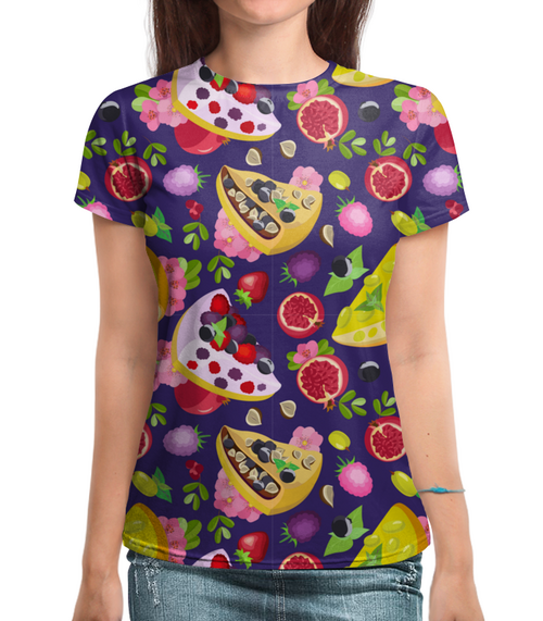 Заказать женскую футболку в Москве. Футболка с полной запечаткой (женская) Аппетитные пироги с ягодами от IrinkaArt  - готовые дизайны и нанесение принтов.