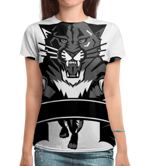 Заказать женскую футболку в Москве. Футболка с полной запечаткой (женская) чёрный тигр  от Sasha Konyavy - готовые дизайны и нанесение принтов.