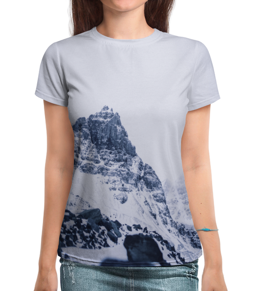 Заказать женскую футболку в Москве. Футболка с полной запечаткой (женская) Снежные скалы от THE_NISE  - готовые дизайны и нанесение принтов.