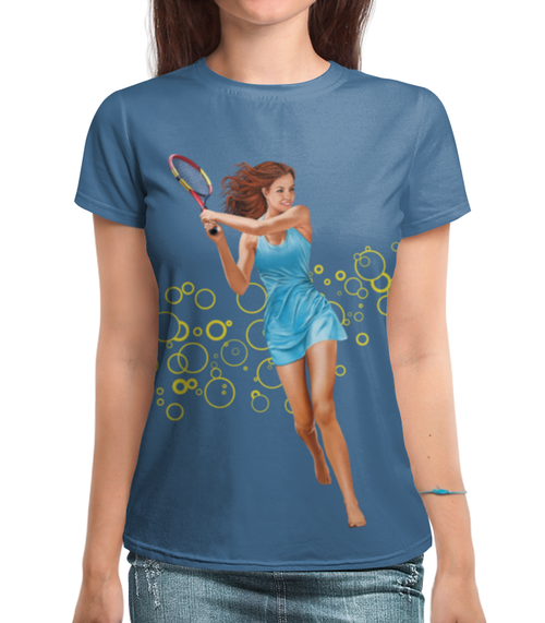 Заказать женскую футболку в Москве. Футболка с полной запечаткой (женская) Девушка с теннисной ракеткой от Shdomon - готовые дизайны и нанесение принтов.