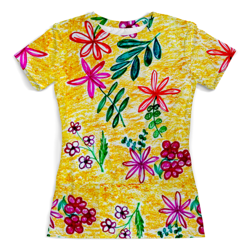 Заказать женскую футболку в Москве. Футболка с полной запечаткой (женская) Цветы на желтом от mrs-snit@yandex.ru - готовые дизайны и нанесение принтов.