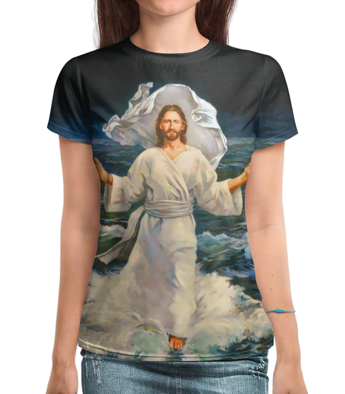 Заказать женскую футболку в Москве. Футболка с полной запечаткой (женская) Иисус Христос  от ПРИНТЫ ПЕЧАТЬ  - готовые дизайны и нанесение принтов.