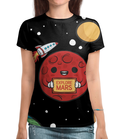 Заказать женскую футболку в Москве. Футболка с полной запечаткой (женская) Explore Mars от The Spaceway  - готовые дизайны и нанесение принтов.