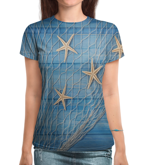 Заказать женскую футболку в Москве. Футболка с полной запечаткой (женская) Морские звезды от Violet - готовые дизайны и нанесение принтов.