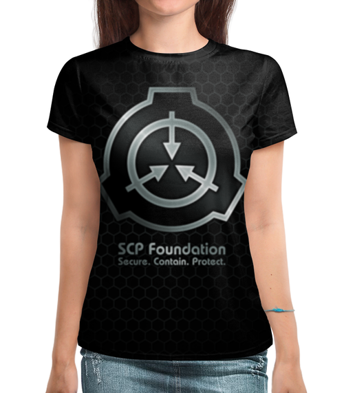 Заказать женскую футболку в Москве. Футболка с полной запечаткой (женская) SCP Foundation от geekbox - готовые дизайны и нанесение принтов.