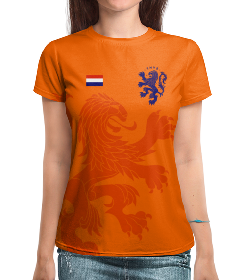 Заказать женскую футболку в Москве. Футболка с полной запечаткой (женская) Сборная Голландии от geekbox - готовые дизайны и нанесение принтов.