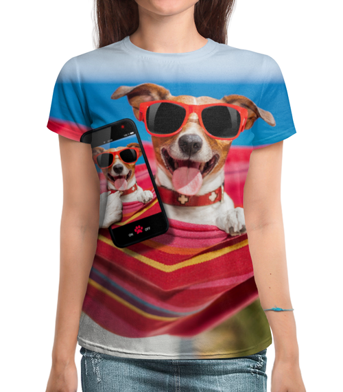 Заказать женскую футболку в Москве. Футболка с полной запечаткой (женская) Собака от Violet - готовые дизайны и нанесение принтов.