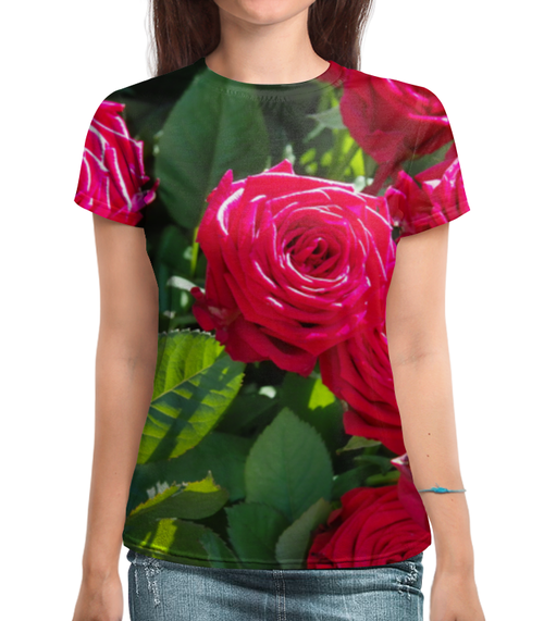 Заказать женскую футболку в Москве. Футболка с полной запечаткой (женская) Сад роз от THE_NISE  - готовые дизайны и нанесение принтов.