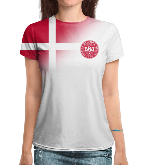 Заказать женскую футболку в Москве. Футболка с полной запечаткой (женская) Сборная Дании от geekbox - готовые дизайны и нанесение принтов.