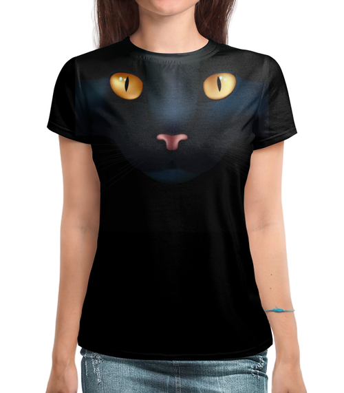 Заказать женскую футболку в Москве. Футболка с полной запечаткой (женская) Чёрная кошка от Amerikanka - готовые дизайны и нанесение принтов.