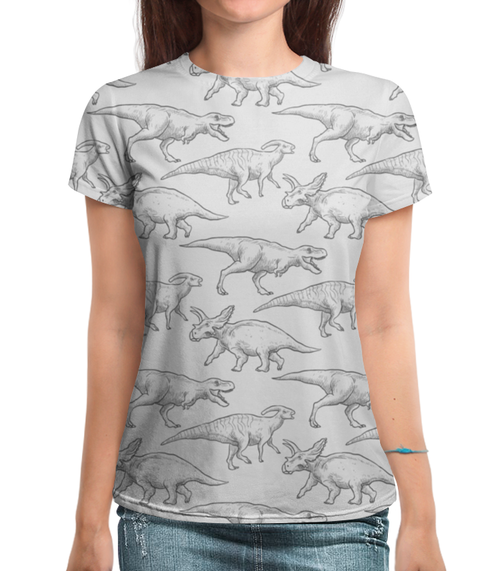 Заказать женскую футболку в Москве. Футболка с полной запечаткой (женская) Динозавры от trugift - готовые дизайны и нанесение принтов.