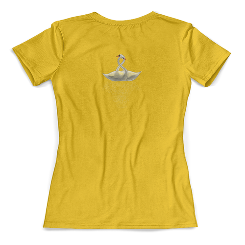 Заказать женскую футболку в Москве. Футболка с полной запечаткой (женская) 8 лебедей - желтая для именинницы - на русском от vertogradov@gmail.com - готовые дизайны и нанесение принтов.