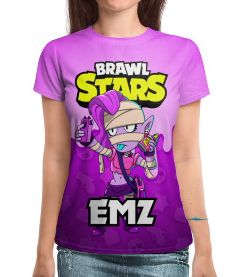 Заказать женскую футболку в Москве. Футболка с полной запечаткой (женская) BRAWL STARS EMZ от geekbox - готовые дизайны и нанесение принтов.