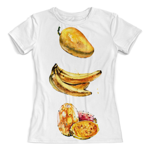 Заказать женскую футболку в Москве. Футболка с полной запечаткой (женская) Летние желтые фрукты бананы, манго, опунция от Виктория  - готовые дизайны и нанесение принтов.