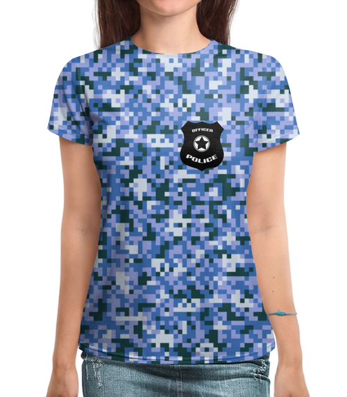 Заказать женскую футболку в Москве. Футболка с полной запечаткой (женская) Полиция от ZVER  - готовые дизайны и нанесение принтов.