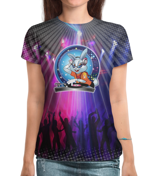 Заказать женскую футболку в Москве. Футболка с полной запечаткой (женская) DJ Rabbit (Disco) от balden - готовые дизайны и нанесение принтов.
