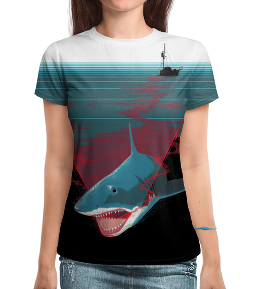 Заказать женскую футболку в Москве. Футболка с полной запечаткой (женская) Shark Attack от balden - готовые дизайны и нанесение принтов.