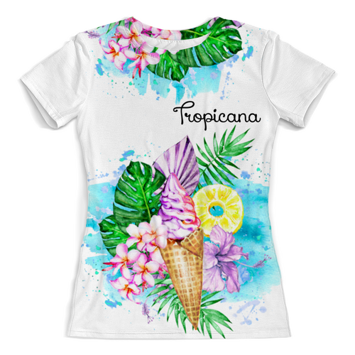 Заказать женскую футболку в Москве. Футболка с полной запечаткой (женская) Tropicana - тропический рай с мороженым от Елена Эйдукайтис - готовые дизайны и нанесение принтов.
