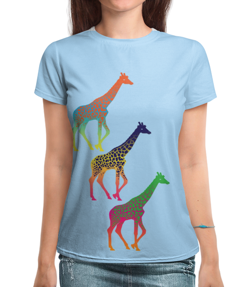 Заказать женскую футболку в Москве. Футболка с полной запечаткой (женская) Три жирафа от ПРИНТЫ ПЕЧАТЬ  - готовые дизайны и нанесение принтов.