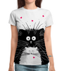 Заказать женскую футболку в Москве. Футболка с полной запечаткой (женская) Белый кот , чёрная кошка  от ПРИНТЫ ПЕЧАТЬ  - готовые дизайны и нанесение принтов.