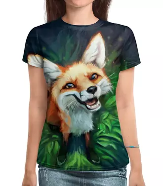 Заказать женскую футболку в Москве. Футболка с полной запечаткой (женская) Мордочка Лисёнка от Елена Елена - готовые дизайны и нанесение принтов.