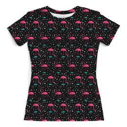 Заказать женскую футболку в Москве. Футболка с полной запечаткой (женская) Фламинго от trugift - готовые дизайны и нанесение принтов.