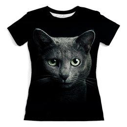 Заказать женскую футболку в Москве. Футболка с полной запечаткой (женская) Серый кот от galaxy secret - готовые дизайны и нанесение принтов.