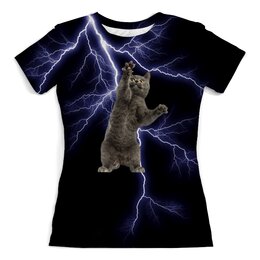 Заказать женскую футболку в Москве. Футболка с полной запечаткой (женская) Кот и молния от THE_NISE  - готовые дизайны и нанесение принтов.