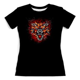Заказать женскую футболку в Москве. Футболка с полной запечаткой (женская) Wolf & Fire от Аня Лукьянова - готовые дизайны и нанесение принтов.