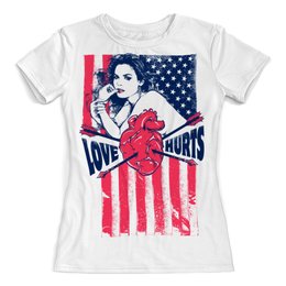 Заказать женскую футболку в Москве. Футболка с полной запечаткой (женская) Love Hurts от denis01001 - готовые дизайны и нанесение принтов.