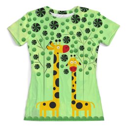 Заказать женскую футболку в Москве. Футболка с полной запечаткой (женская) Жирафы в сладком лесу от ПРИНТЫ ПЕЧАТЬ  - готовые дизайны и нанесение принтов.
