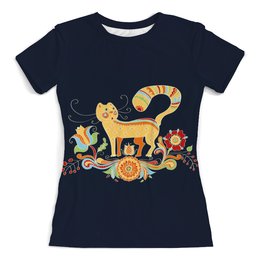Заказать женскую футболку в Москве. Футболка с полной запечаткой (женская) Кошка с цветами от galaxy secret - готовые дизайны и нанесение принтов.