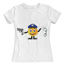 Заказать женскую футболку в Москве. Футболка с полной запечаткой (женская) Смайлик полицейский от Romario  - готовые дизайны и нанесение принтов.