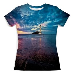 Заказать женскую футболку в Москве. Футболка с полной запечаткой (женская) Маяк в море от THE_NISE  - готовые дизайны и нанесение принтов.