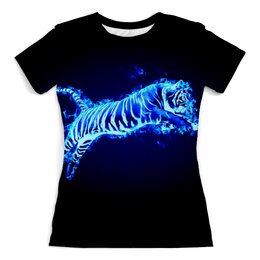 Заказать женскую футболку в Москве. Футболка с полной запечаткой (женская) тигр прыгает от Maksim  - готовые дизайны и нанесение принтов.
