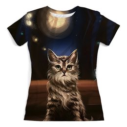 Заказать женскую футболку в Москве. Футболка с полной запечаткой (женская) Ночной кот от Сакурана  - готовые дизайны и нанесение принтов.