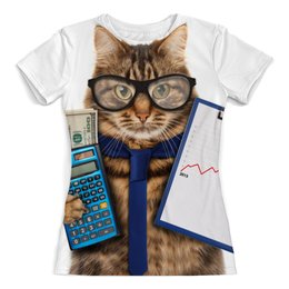 Заказать женскую футболку в Москве. Футболка с полной запечаткой (женская) Умный кот от tami.fox@mail.ru - готовые дизайны и нанесение принтов.